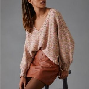 Pilcro Anthropologie Deep-V Sweater Dusty Pink "Spacedye Combo" Size 2X